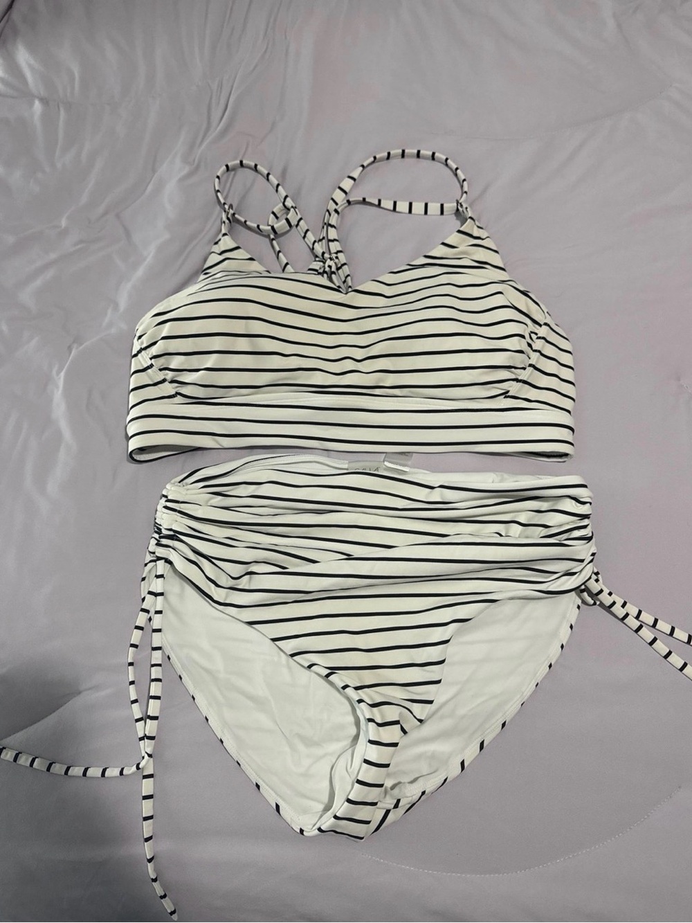 CALIA by Carrie Underwood White and Black Striped High-Waist Bikini Set